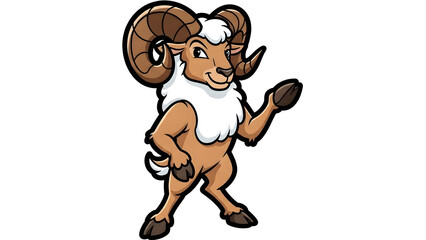 A friendly cartoon ram standing upright and waving with a smile