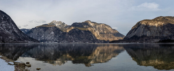 Wide Panoramic View of Hallstatt Lake in Austria