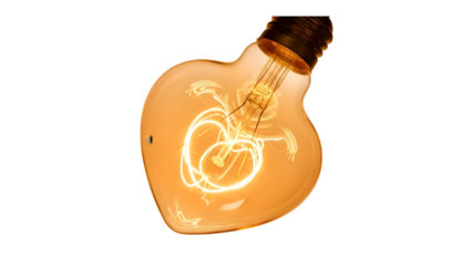 A luminous heart shaped vintage light bulb glows warmly against a dark background