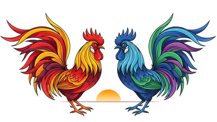 Two vibrant roosters facing each other in a colorful stylized illustration