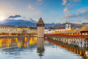 Lucerne city skyline with the Chapel Bridge,  Switzerland