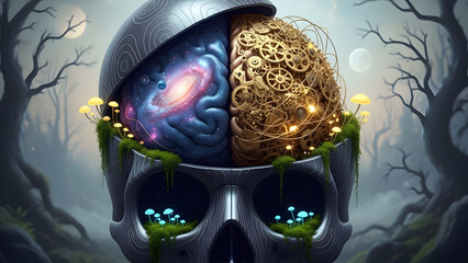 Artistic representation of a surreal skull containing a cosmic galaxy on one side and mechanical clockwork gears on the other surrounded by glowing mushrooms and a misty forest