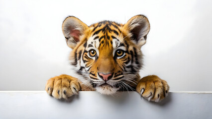 A curious tiger cub peeking over a white surface with a plain white background