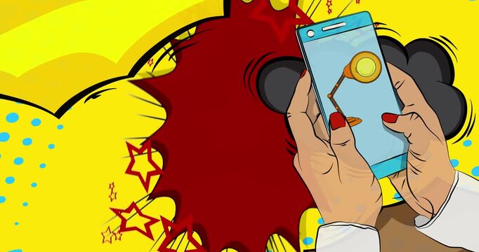 Cartoon Smartphone, comic book Telephone with Office lamp. Retro animation, comics pop art video.
