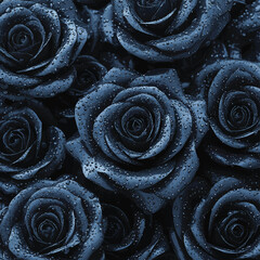 3d rendering of many black roses covered by water drops. Flat lay of minimal flower style concept , vector style simple color