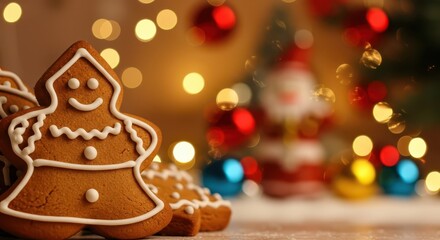 Close up of freshly baked spiced figures decorated with white icing sit before a festive background display