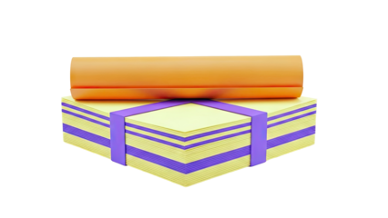 Stack of Yellow Papers with Purple Ribbons and Orange Tube