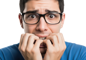 Man biting nails isolated on transparent background
