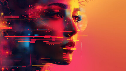 A futuristic digital representation of a woman's profile with vibrant colors and glitch effects