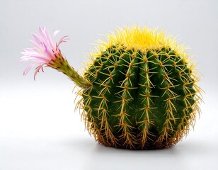 A round, green cactus with yellow spines and a delicate pink blossom extends from its side against a clean, white background