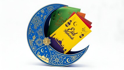 Crescent shaped envelope holder with Eid money cards inside, festive Islamic celebration, isolated
