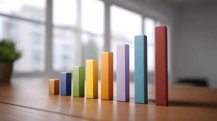 Colorful bar graph illustrating upward growth and positive trends on a wooden table
