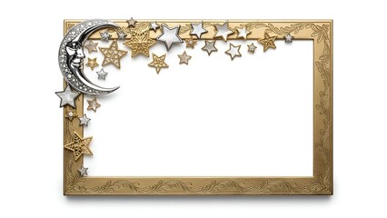 Festive gold photo frame adorned with moon and star embellishments, isolated, viewed from the front