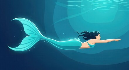 Mythical aquatic creature with glowing tail swims gracefully through deep blue water