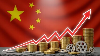 China's economy booms with rising gold coins and gears on red graph