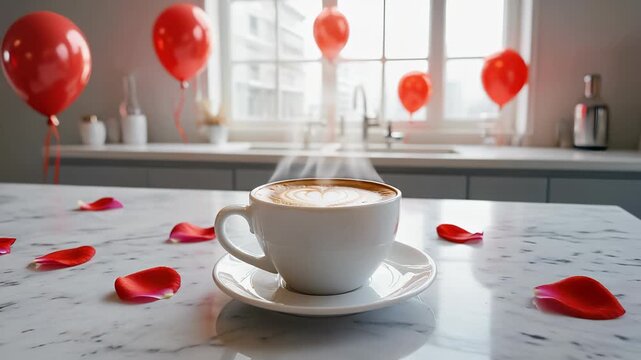 A white ceramic coffee cup sits on a counter with heart foam art. Steam rises as rose petals are scattered. Red balloons float near the sunny window, creating a festive Valentines mood