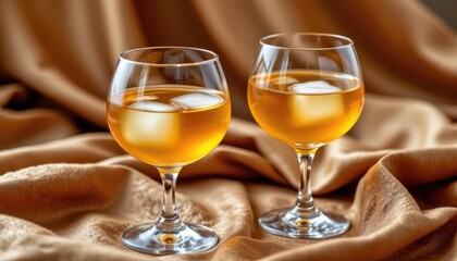 Two Elegant Glasses of Gold Liquid on Soft Fabric with Ice Cubes for Refreshment and Relaxation