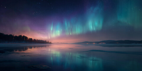 Aurora Borealis Reflected on Frozen Lake Under Starry Night Sky