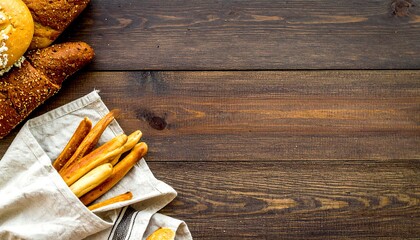 A rustic flat lay features various baked goods on a dark wood surface. Breadsticks spill from a cloth napkin near loaves