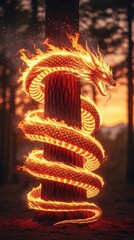 Obraz premium Luminous serpentine creature entwined around a vertical tree trunk bathed in twilight glow
