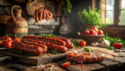 A rustic food scene showcases grilled sausages on wood boards, accompanied by tomatoes, herbs, garlic, and rustic charm