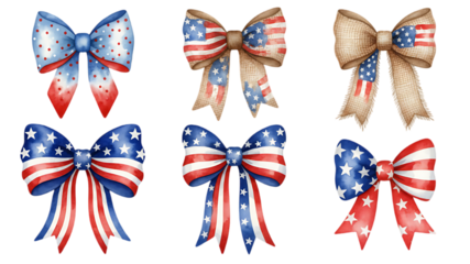 A collection of watercolor patriotic bows featuring american flag designs on transparent background