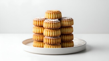 Stacked Eid dessert biscuits arranged on minimalist round tray, viewed from the front