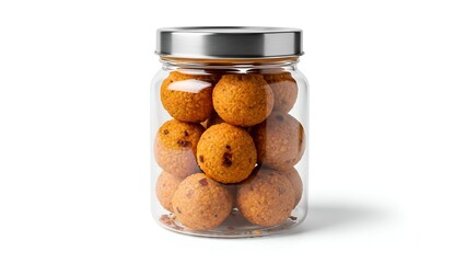 Spicy cassava snack balls in clear jar with airtight lid on isolated background