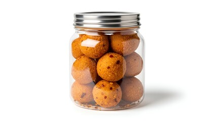 Spicy cassava ball snack stored in a clear jar with airtight lid, displayed on a clean surface
