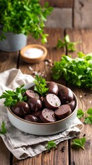 A rustic food shot featuring dark sausages in a bowl, garnished with fresh parsley, and placed on a wooden surface