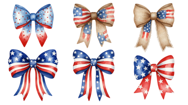 A collection of watercolor patriotic bows featuring american flag designs on transparent background - Powered by Adobe