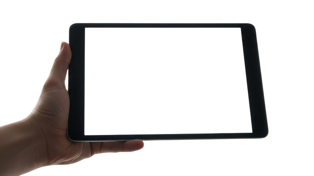 Hand Holding a Black Tablet with a Blank White Screen Horizontally