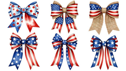 A collection of patriotic american flags and polka dot bows presented on transparent background
