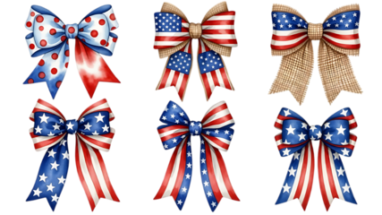A collection of patriotic american flags and polka dot bows presented on transparent background