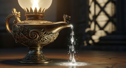 Elaborately decorated metallic vessel illuminates the surroundings while liquid flows from its spout.
