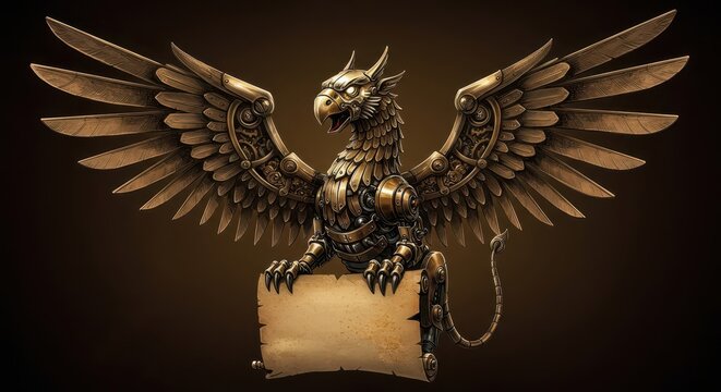 Mechanical mythical creature figure prominently displays large outstretched wings above a blank scroll