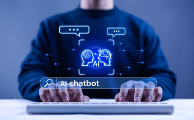 
Businessman using futuristic AI chatbot interface, touching virtual search bar with glowing digital particles, representing artificial intelligence, automation, customer  modern business 