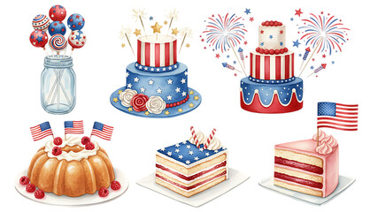 Festive fourth of july desserts with cakes lollipops and flags on transparent background