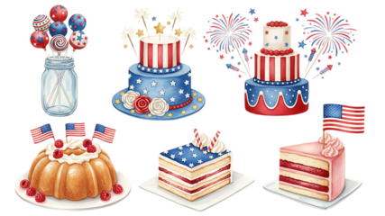 Festive fourth of july desserts with cakes lollipops and flags on transparent background
