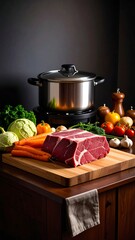 A rustic kitchen scene displays raw meat on a butcher block surrounded by fresh vegetables and a stainless steel pot. A wooden cabinet is beneath