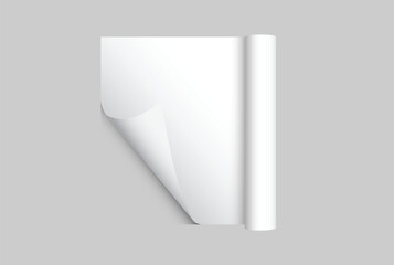 White gift wrapping paper mockup with rolled edge and curved corner isolated on background, clean paper texture for gift wrap design, packaging, branding, print, magazines, catalogs or newspapers.