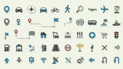 Fototapeta premium Collection of navigation and travel icons for digital use.