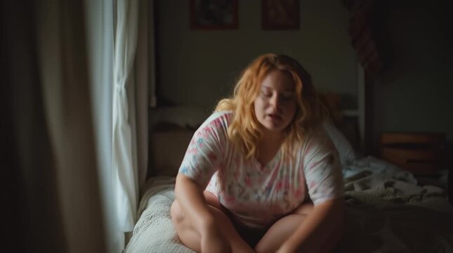 Pensive sad overweight obese woman sitting at her bedroom looking away very worried