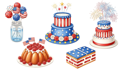 Festive july fourth desserts including cakes cake pops and fruit tarts on transparent background