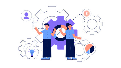 Business team connecting various professional elements like finance and ideas through a system of gears and networks
