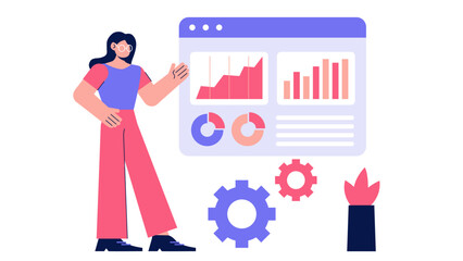 Woman standing in front of large digital dashboard with multiple charts and gears for business analysis