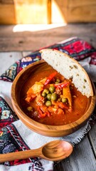 A rustic, overhead shot displays a wooden bowl filled with a stew, adorned with a bread slice. A patterned cloth and wooden spoon add warmth