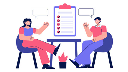 Fototapeta premium Two professionals sitting at a table discussing tasks and checklist with speech bubbles