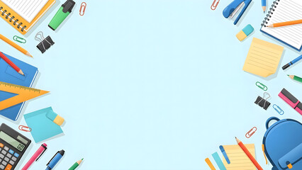 Obraz premium A vibrant overhead view of school supplies and stationery items artfully arranged on a light blue background, perfect for educational or creative themes
