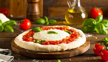 A rustic pizza with fresh mozzarella, vibrant tomato sauce, and basil leaves, displayed on a wooden cutting board. Olive oil and tomatoes visible